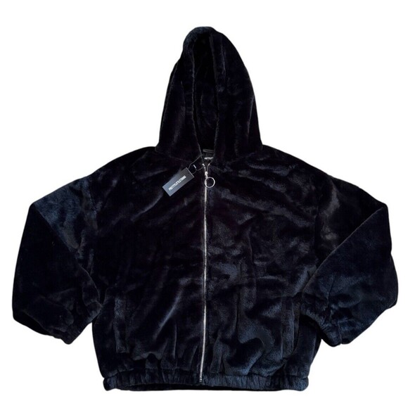 PrettyLittleThing Black Faux Fur Balloon Sleeve Hooded Jacket Women's Size 8 US - Picture 8 of 14